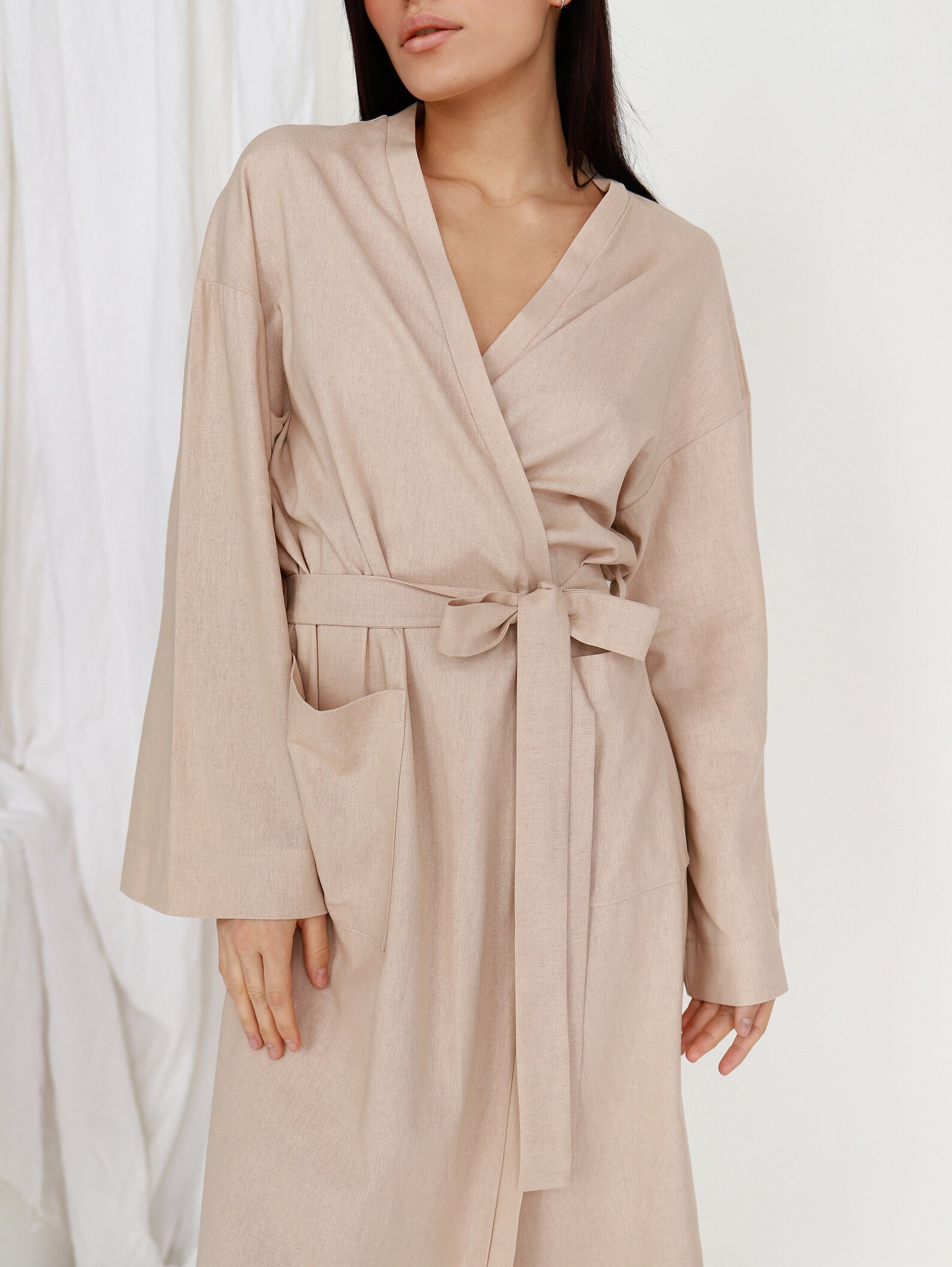 Linen Bathrobe With Pockets Long Kimono Linen Robe Linen Etsy