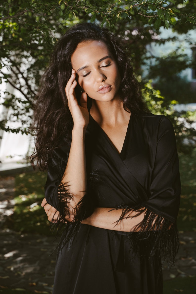 Black Feather Robe Long Satin Robe Robe With Feathers Bride Etsy