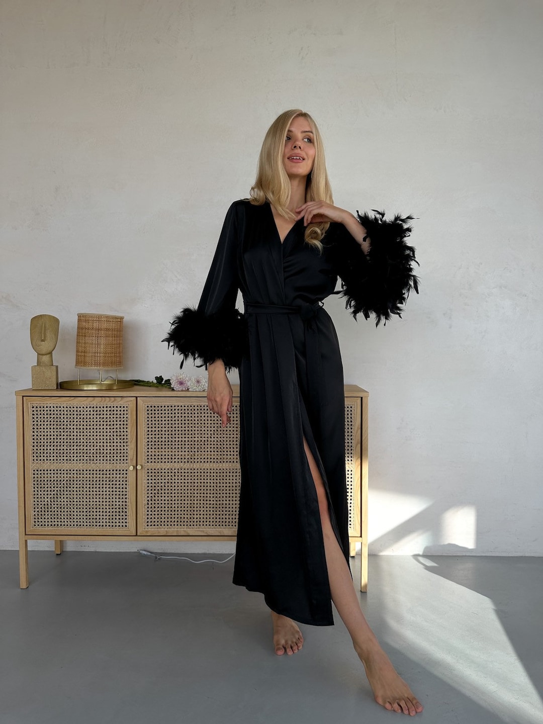 Black Feather Robe, Robe for Brides' Morning, Robe With Feathers, Bride ...