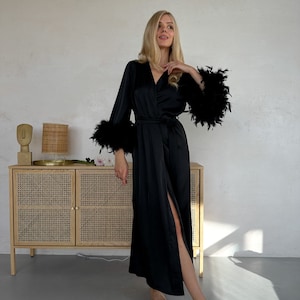 Black feather robe, Robe for brides' morning, Robe with feathers, Bride robe with feather sleeves