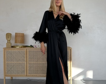 Black feather robe, Robe for brides' morning, Robe with feathers, Bride robe with feather sleeves