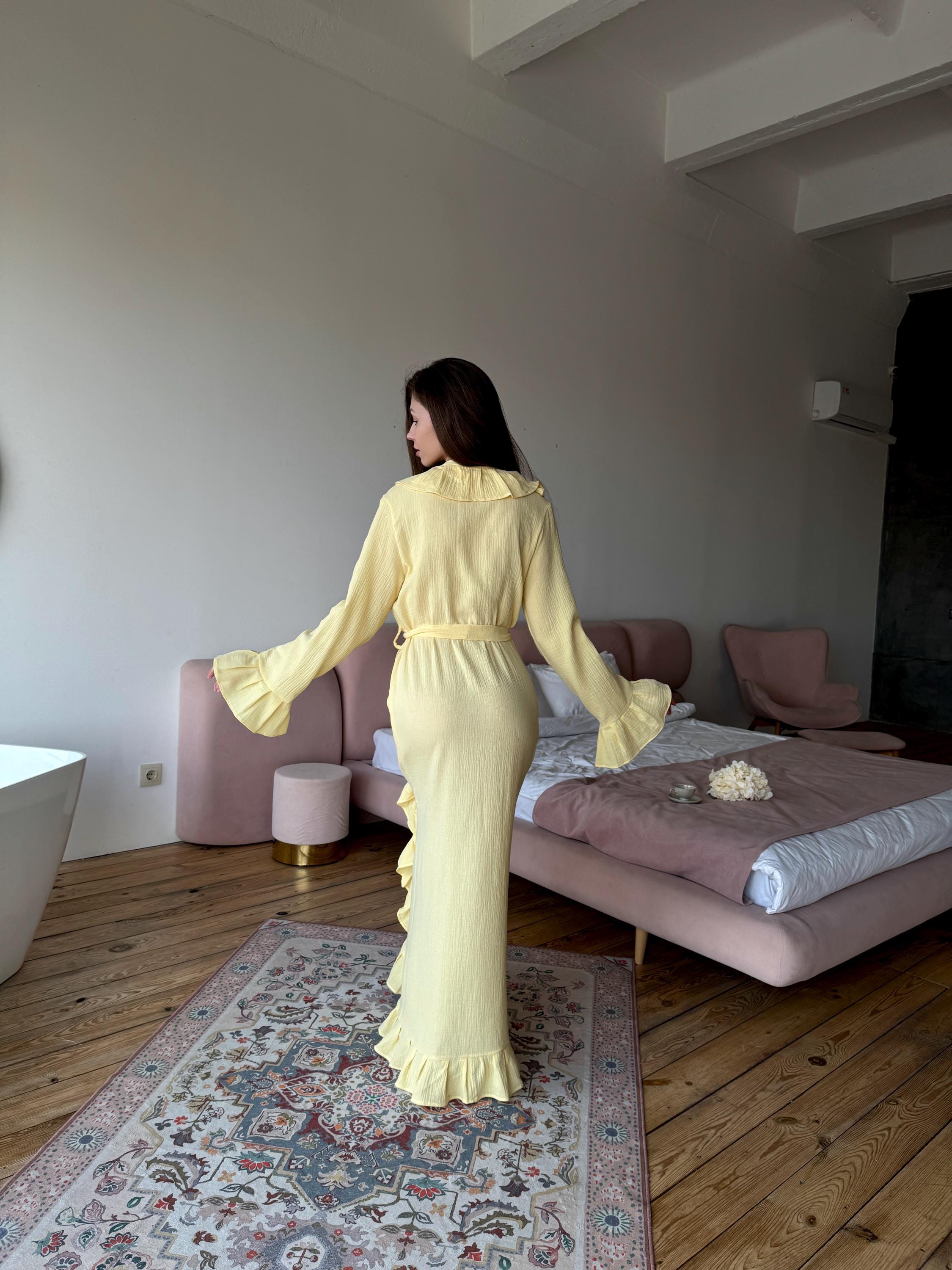Organic Cotton Ruffle Robe, Floor Length Kimono, Handmade Lounge ...