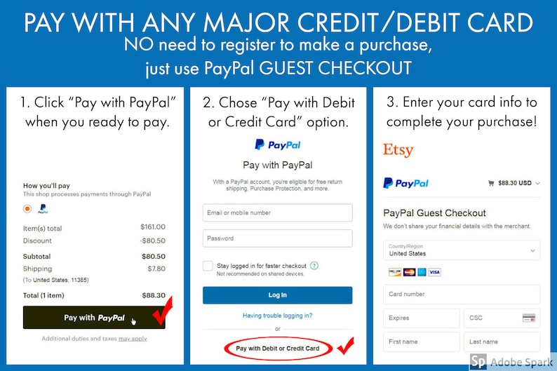 May include: A blue graphic with instructions on how to pay with a credit or debit card on Etsy. The steps include clicking "Pay with PayPal", choosing the "Pay with Debit or Credit Card" option, and entering card information.