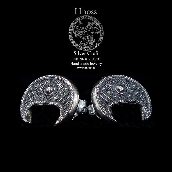 Lunula Half Moon Silver Earrings with Slavic Ornaments