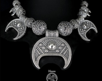 V Lunula Silver Necklace with Slavic Ornaments