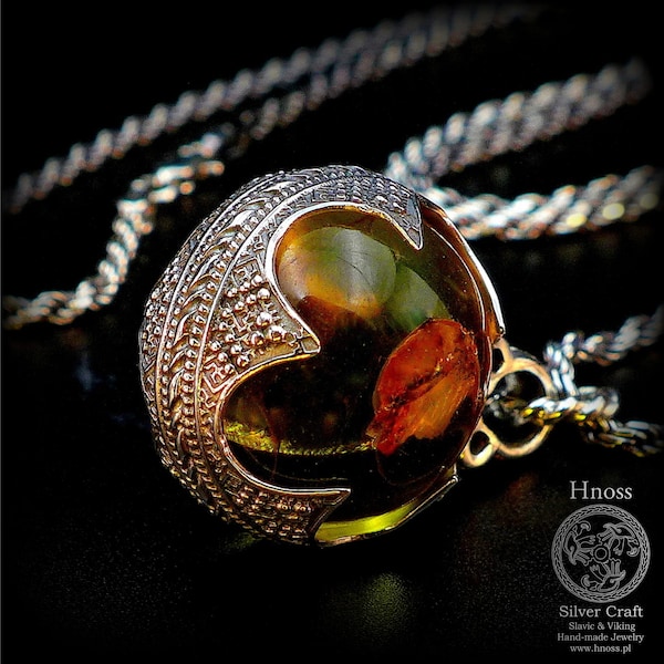 Viking Amulet Necklace - Baltic Amber Ball with Silver Cover by Hnoss Silver Craft (1)