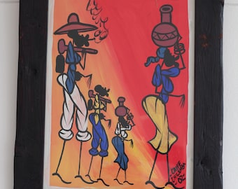 Rustic African village life painting. Handmade tribal art on canvas. Framed painting.