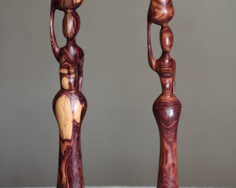 Handcarved Zebra Wood African Woman Sculpture Pair