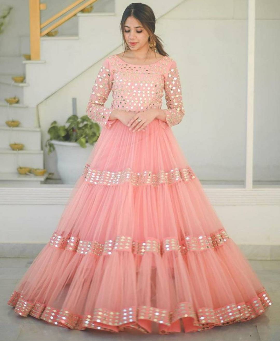 Pink net anarkali with embroiderey indian dress long gown Etsy