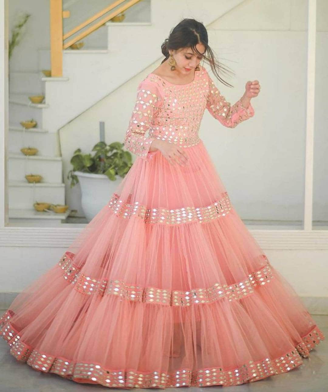 Pink net anarkali with embroiderey indian dress long gown Etsy