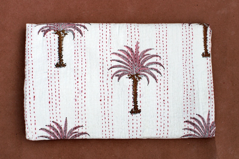Indian Kantha Quilt King Cotton Bed Blanket Palm Tree Handmade Bedspread Throw