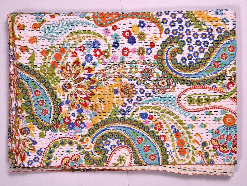 Paisly Print Queen/Twin Size White Color Kantha Quilt Handmade Etsy