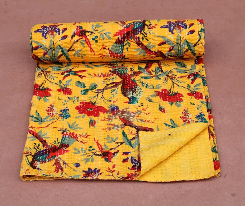 Cotton bird kantha quilt handmade Indian boho bohemian bedding bedspread blanket
