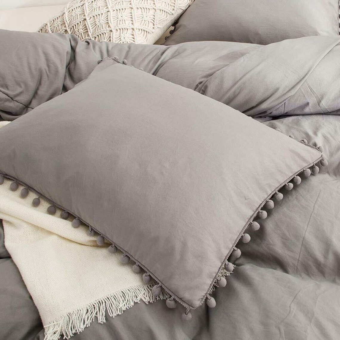 3 pieces Set Cotton Grey PomPom Duvet Cover Boho Bedding 100 Etsy