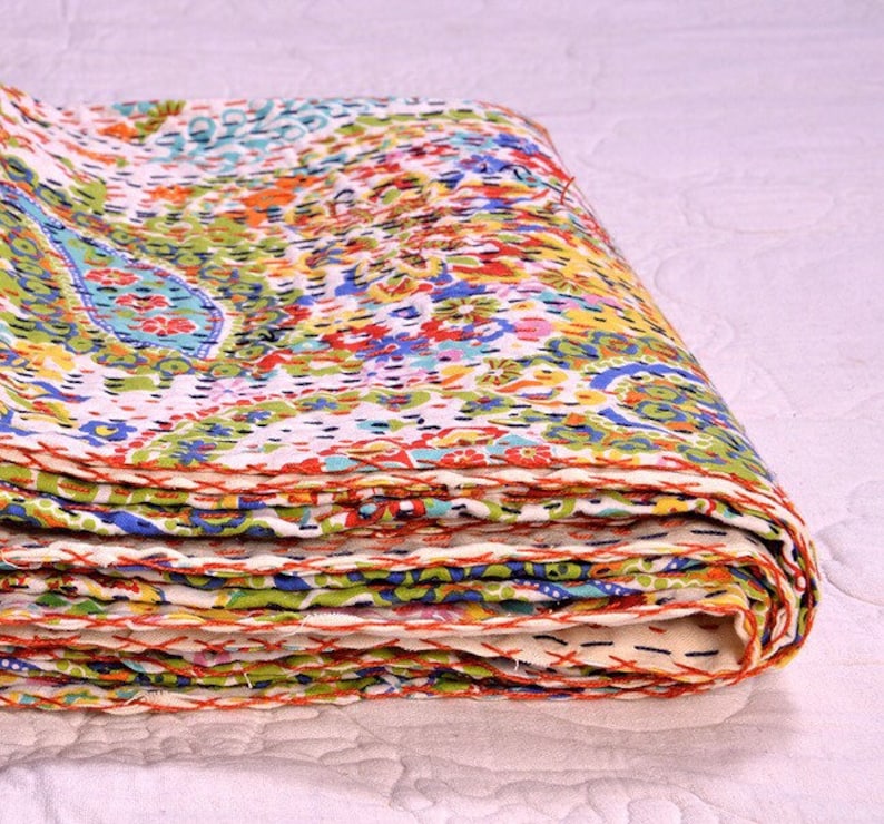Paisly Print Queen/Twin Size White Color Kantha Quilt Handmade Etsy