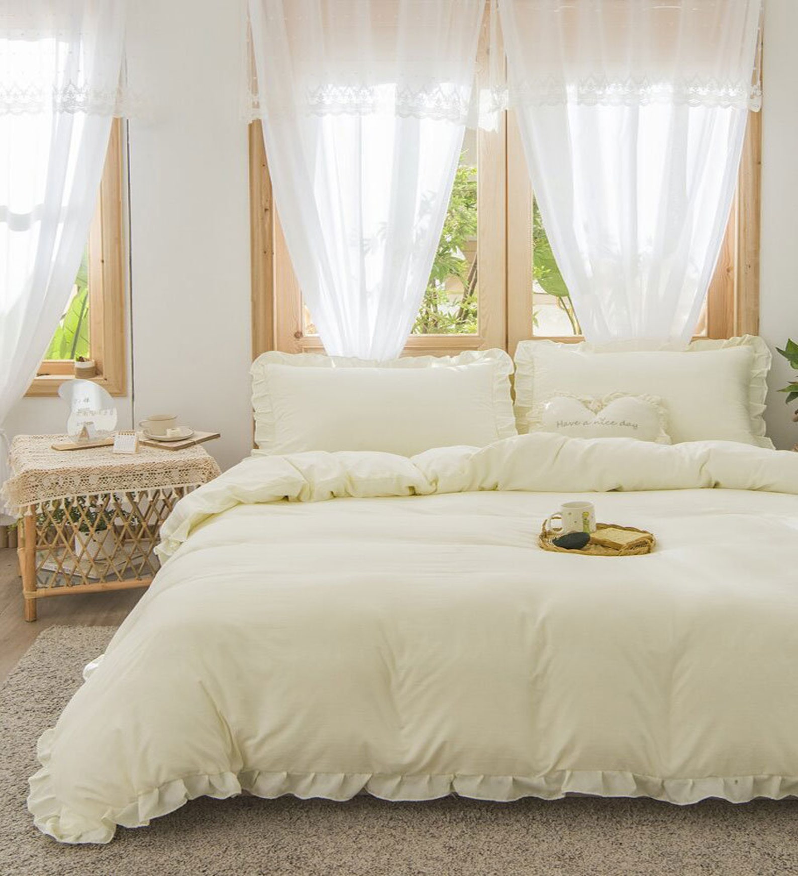 3 Pcs Ruffled Cotton Duvet Cover In Black Bedding Set Ruffle Etsy