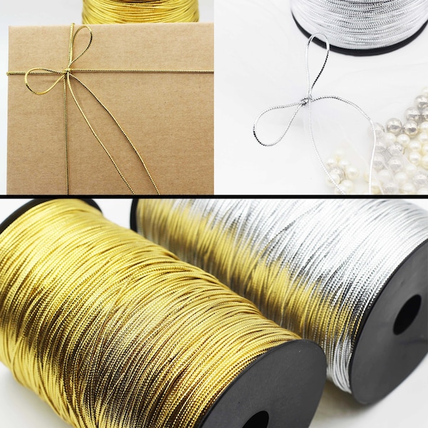 Gold, Silver Package Cord 1mm Glitter String Wrapping Ornament Hanger Metallic Twine By the Meter