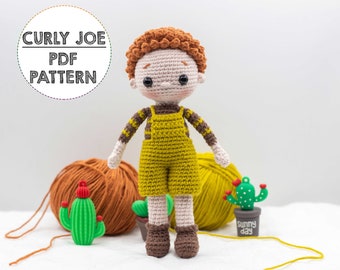 Amigurumi PDF pattern, doll crochet pattern for Curly Joe, crochet amigurumi tutorial