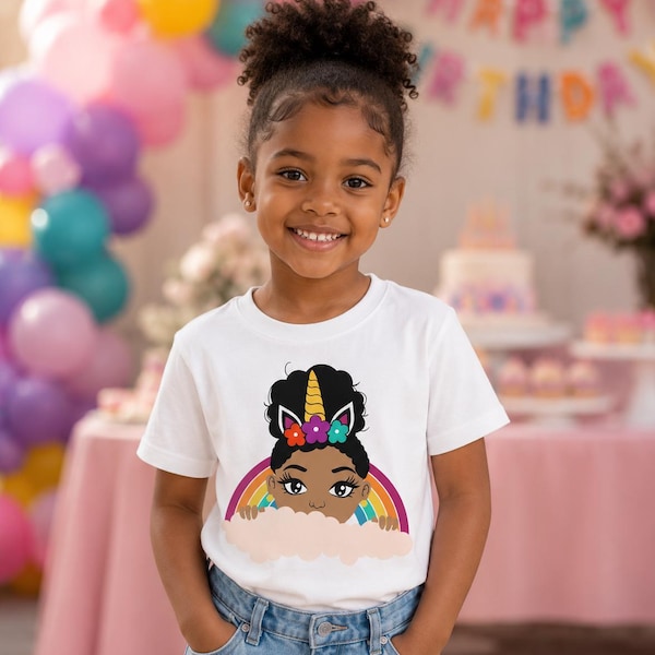 Birthday Girl Unicorn and Rainbows SVG African American Toddler Shirt Design