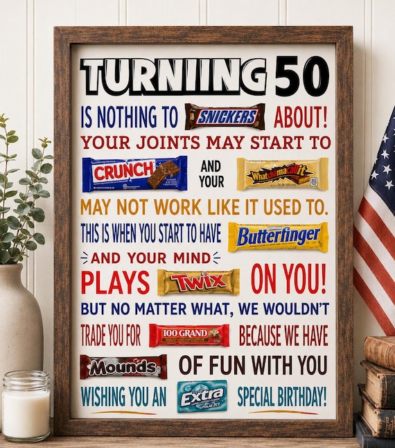 Funny 50th Birthday Candy Poster – Gag Gift for Men & Women (PDF)