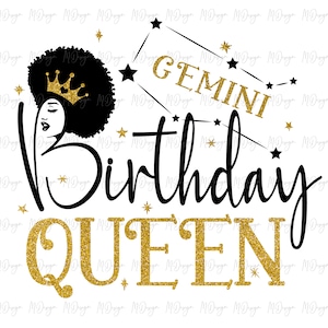 Gemini Birthday Queen SVG - Mayo junio cumpleaños T SHirt diseño diy uso con vinilo brillante, hierro en transferencia - Silueta de pelo afro
