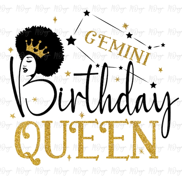 Gemini Birthday Queen SVG - May June Birthday T SHirt Design DIY Use with Glitter Vinyl, Iron On Transfer - Afro Hair Silhouette Zodiac