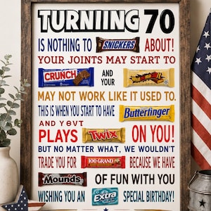 May include: A framed poster with the text TURNING 70 IS NOTHING TO SNICKERS ABOUT! YOUR JOINTS MAY START TO CRUNCH AND YOUR Whatchamacallit MAY NOT WORK LIKE IT USED TO. THIS IS WHEN YOU START TO HAVE Butterfinger AND YEVT PLAYS Twix ON YOU! 100 GRAND Mounds Extra.