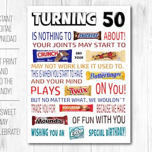 50e anniversaire drôle affiche de bonbons PDF imprimable - Cadeau sarcastique 50e anniversaire pour hommes et femmes Idée d'amis, famille - Bonbons d'anniversaire