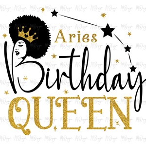 Áries Aniversário Rainha SVG - Março Abril Aniversário Camiseta Design DIY Use com Vinil Glitter, Ferro em Transferência - Silhueta de Cabelo Afro Zodíaco