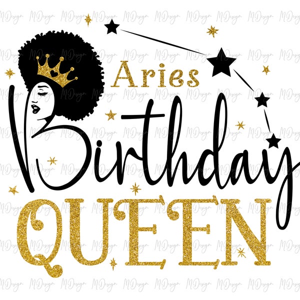 Aries Birthday Queen SVG - March April Birthday T SHirt Design DIY Use with Glitter Vinyl, Iron On Transfer - Afro Hair Silhouette Zodiac