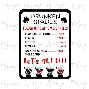 May include: A black and white sign with the text "DRUNKEN SPADES" and "Let's get lit!" in red. The sign lists rules for the card game Spades, with shot counts for various infractions. Four shot glass illustrations are at the bottom.