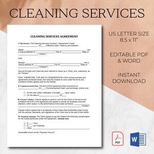 Cleaning Services Agreement Template | Housekeeping Contract Editable Template | Microsoft Word Template | Janitor Maid Contract PDF