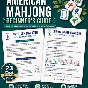 May include: A 23-page printable PDF guide for American Mahjong featuring instructional text, diagrams of number tiles, and dragon symbols. The cover displays the title, game rules, and explanations of symbols and abbreviations for beginners.
