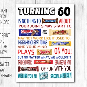Póster imprimible de dulces divertidos para el 60.° cumpleaños en formato PDF: idea de regalo sarcástica para el 60.° cumpleaños para hombres y mujeres de amigos y familiares: tablero de dulces de cumpleaños