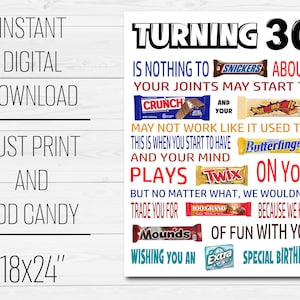 30. Geburtstag Lustiges Candy Poster druckbare PDF - Sarkastische 30. Geburtstag Geschenk für Männer Frauen Idee von Freunden, Familie - Geburtstag Candy Board