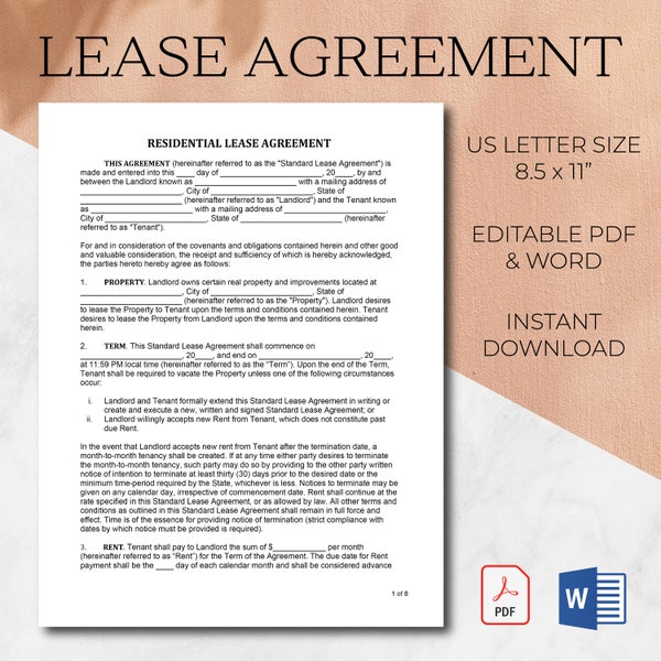 Residential Lease Agreement Template Microsoft Word | Lease Agreement Contract Editable Template | Rental Lease Agreement Template
