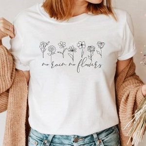No Rain No Flowers SVG - Diseño de camiseta botánica floral con arte de flores de una línea - Archivos de corte de silueta Cricut de regalo amante de la naturaleza