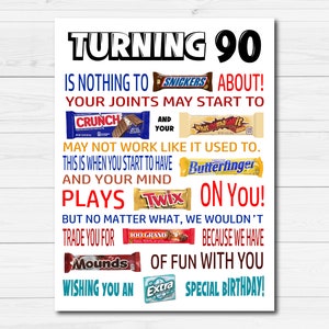 90. Geburtstag lustiges Süßigkeiten Poster Druckbares PDF - Sarkastisches 90