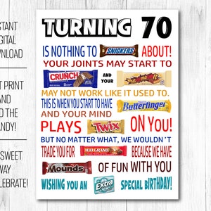 70th Birthday Funny Candy Poster Printable PDF - Sarcastic 70th Birthday Gift for Men Women Idea from Friends, Family - Birthday Candy Board