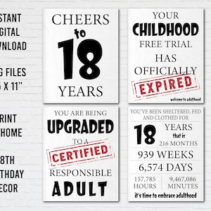 Pode incluir: Quatro cartazes retangulares brancos com texto em preto e vermelho para um 18&ordm; anivers&aacute;rio. Os cartazes apresentam frases como Cheers to 18 Years, Your Childhood Free Trial Has Officially Expired, Upgraded to a Certified Responsible Adult e dados.