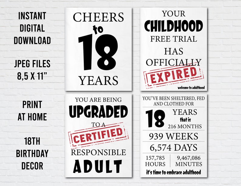 Pode incluir: Quatro cartazes retangulares brancos com texto em preto e vermelho para um 18&ordm; anivers&aacute;rio. Os cartazes apresentam frases como Cheers to 18 Years, Your Childhood Free Trial Has Officially Expired, Upgraded to a Certified Responsible Adult e dados.