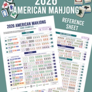 Könnte beinhalten: Ein 2026 American Mahjong Referenzblatt mit gedruckten Spielhandmustern und Kachelkombinationen. Das Dokument enthält Spalten für Handmuster und Kachelbeispiele, umgeben von verstreuten weißen Mahjong-Kacheln mit grünen, roten und schwarzen Symbolen auf einem gedeckten blaugrünen Hintergrund.