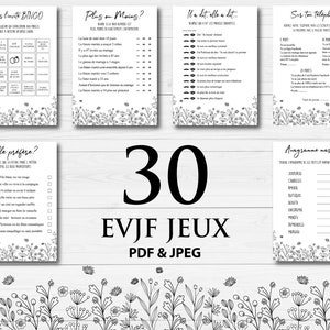 EVJF Jeux De Mariage a Imprimer | 30 Bachelorette Party Games for Bridal Shower | EVJF Accessories |  Black and White Minimalist Party Games