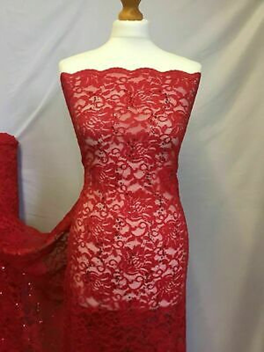 NEW Red Stretch Floral Sequins Corded Lace Double Scalloped Border ...