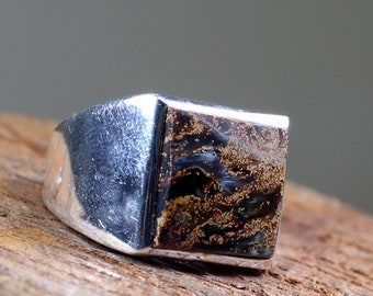 May include: A silver ring with a square, dark brown and gold stone. The ring is set on a wooden surface. The stone has a unique pattern with hints of blue and gold.