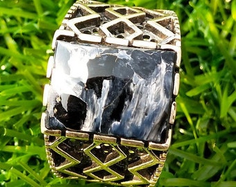 May include: A gold-toned ring with a rectangular, black and white stone. The ring has a decorative, geometric design around the stone and on the band. The ring is set against a background of green grass.