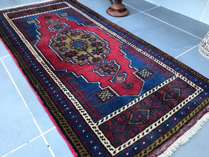 kitchen decor rug,free ship rug,bathroom rug,3'9x1'9 feet ,decorative rug,handmade rug,dark blue rug,rug,turkish rug Small rug,Dor Mat image 1