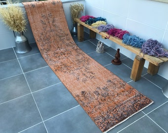 turkish runner rug,oriantel runner rug,10'1x2'2 feet,kitchen rug,orange runner rug,orange floor rug,vintage runner rug,entrance area rug