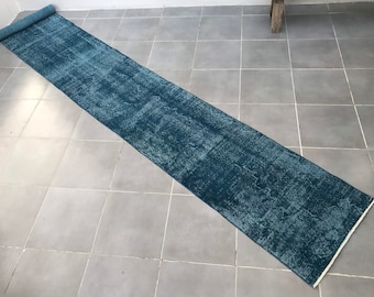 2x16ft runner rug,16’0x2’4feet,blue runner rug,487x73cm,blue rug,vintage runner rug,old modern runner rug,16x2ft blue rug,long runner rug