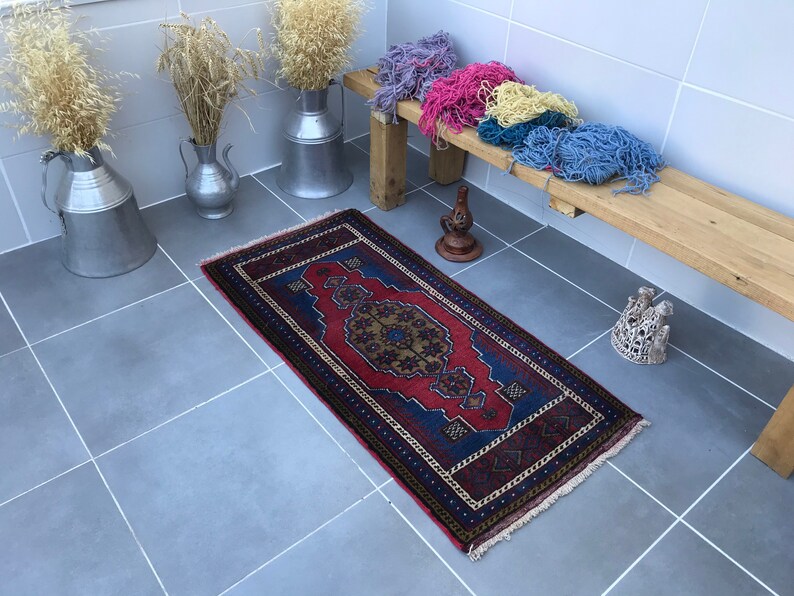 kitchen decor rug,free ship rug,bathroom rug,3'9x1'9 feet ,decorative rug,handmade rug,dark blue rug,rug,turkish rug Small rug,Dor Mat image 4
